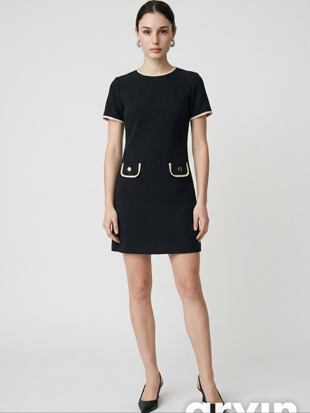 Andrew Marc Black Mini Shift Dress with Cream Trim